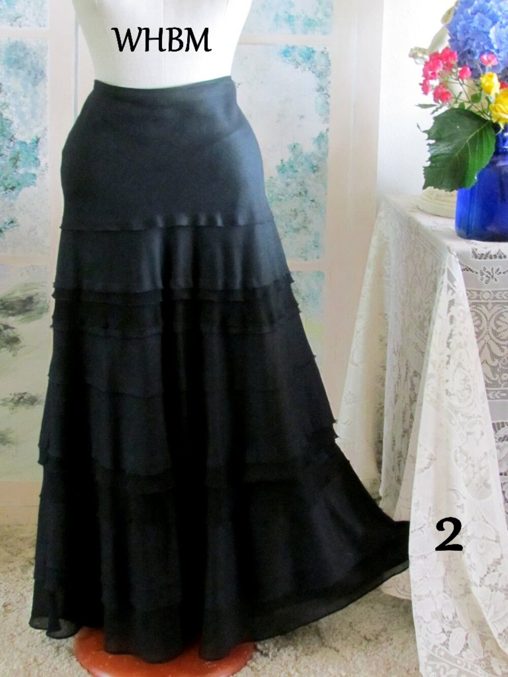 BLACK MAXI SKIRT, 2, WHBM LONG TIERED LINEN BLEND WHITE HOUSE BLACK MARKET CHIC